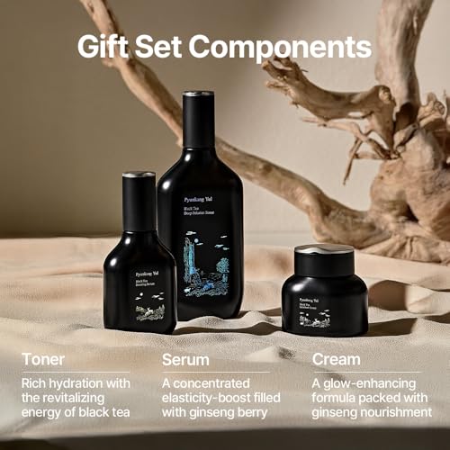 Pyunkang Yul PKY Black Tea Line Gift Box Set, Deep Nurishment for Anti-aging, Rich Moisture Toner, Revitalizing Serum & Condensed Nourishing Cream, Zero-Irritation, Korean Skincare (3-item set) - color: Black tea line(Gift-Wrapped)