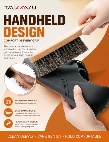 TAKAVU 10.2in Horsehair Hat & Shoe Brush, Long Handle Felt Cleaner | Soft Bristle Dusting Wardrobe Brush for Lint, Pet Hair, Suits, Coats, Upholstery & Garments, Wooden Extended Grip