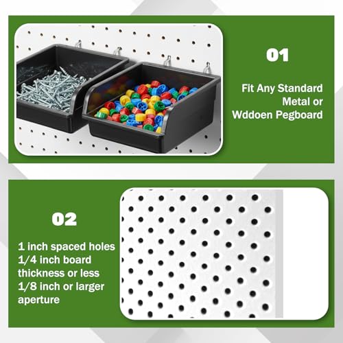 12 Pack Black Pegboard Bins with Metal Hooks, Heavy Duty Slatwall Bins Plastic Storage Organizer Pegboard Tools Organizer for Garage Workshop Craft Room Hardware Tools