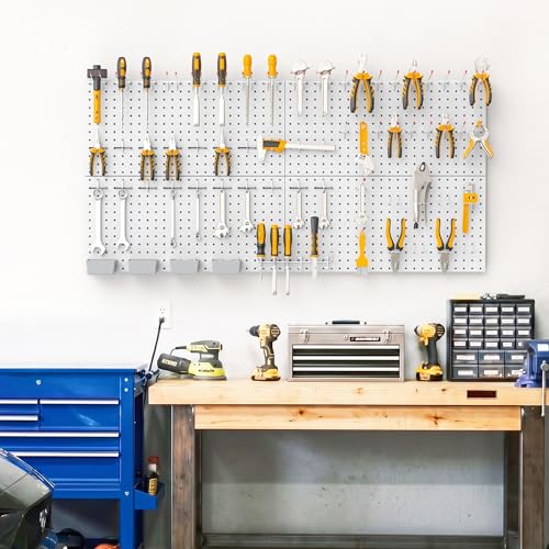 TORACK Garage Tools Organizer Boards Kit with Hooks, Modular Wall-Mounted Tool Storage Pegboard for Workbench(Gray, 4 Panels with Hooks)