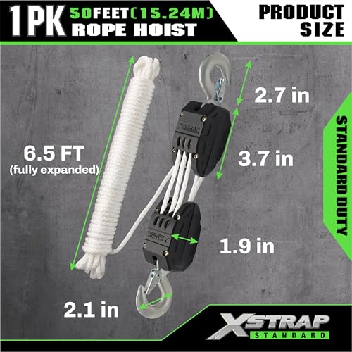 XSTRAP STANDARD Heavy-Duty Block and Tackle Pulley System, 1000 LB Working Load, 2000 LB Break Strength, 50 FT Rope Hoist with 2 Soft Loops for Garage, Hunting & DIY Attic Lift, White - color: 50 Ft+Black White+2 Soft Loops