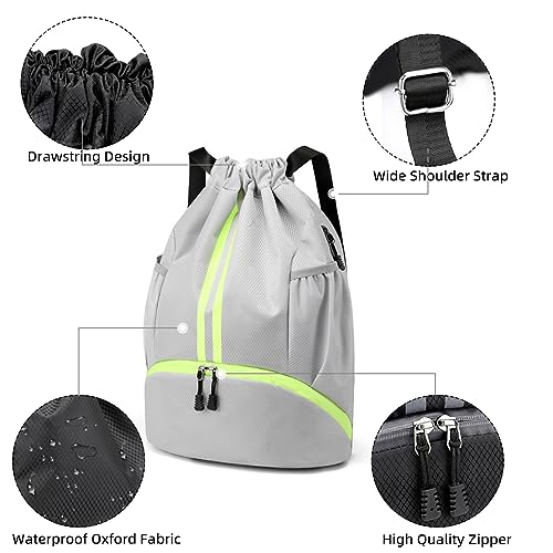Valleycomfy Sports Drawstring Backpack - Water Resistant String Bag Grey | with Side Mesh Pockets Shoe Compartment Gym Backpack for Women & Men - color: A-grey