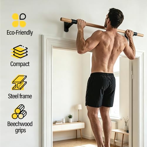 Wall Mounted Pull Up Bar | Solid Wood Pull Up Bar for Home Gym | 286 lb Chin Up Bar with Fischer Anchors | 1.14 in Grip Hanging Bar for Rope & Ab Training