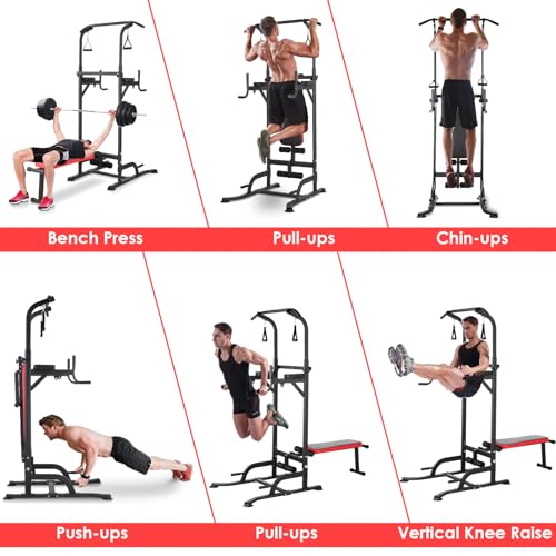 Arlopu Multi-Function Power Tower with Folding Bench 4 Training Ropes | Pull Up Bar Stand with Adjustable Heights and Angles, Heavy-duty Frame, 400LBS Capacity, Home Gym Full-body Strength Training