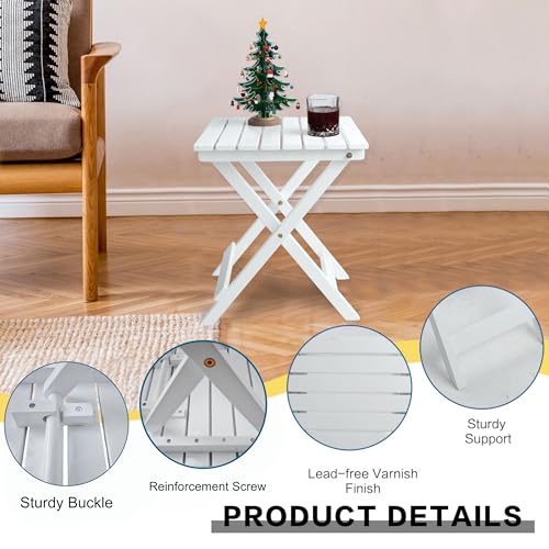 Outdoor Wooden Side Table, Folding Patio End Table, Small Square Furniture Table for Adirondack Chair, Balcony, Porch, Acacia Wood, No Assembly, White - color: S-white-1
