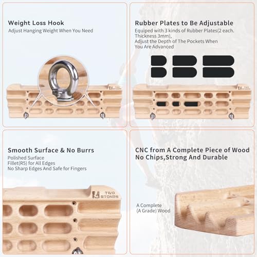 Hangboard Rock Climbing Hangboard with Jugs, Edges, Slopers, Pockets and Phone Hoder, Climbing Fingerboard Designed with Two Hooks for Rock Climbers