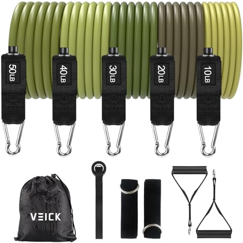VEICK 10-150LBS Resistance Bands with Handles, Ankle Straps, Door Anchor | Accredited Lab Certified, 100% Natural Latex, Versatile for Yoga, Pilates, Strength, Home Gym - color: Army Green, style: 10-150LBS