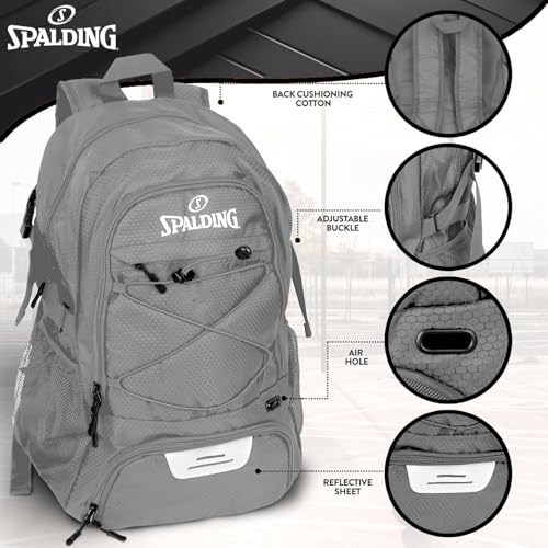 Spalding Basketball Backpack Sports Bag | Large Black Backpack with Shoe and Ball Compartment | Gifts for Basketball Players - color: Grey