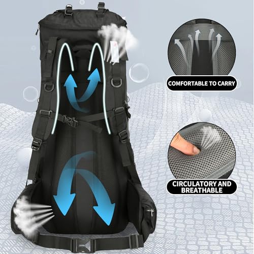 75L Hiking Backpack with Rain Cover Waterproof Camping Backpack Shoes Warehouse for Men Women, Frameless - color: Black, size: 75L