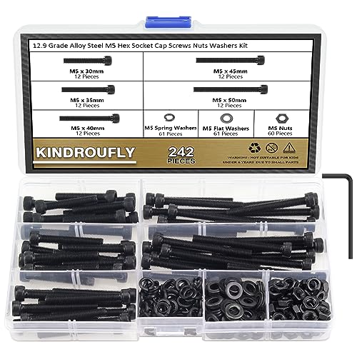 242 Pieces Black M5 x 30/35 /40/45 /50 mm Hex Socket Head Cap Screws Nuts Washers Assortment Kit, 12.9 Grade Alloy Steel - size: M5 x 30/35/40/45/50mm, style: Socket Head