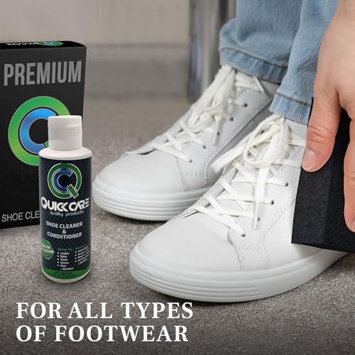 QuickCare Premium Shoe Cleaner with Conditioner, Brush & Sponge, Ultimate Cleaning Shoes Kit for Sneakers, Leather, Suede, Canvas, Mesh, Shoe Care Set, Foam Touch-Up Solution, 4 oz