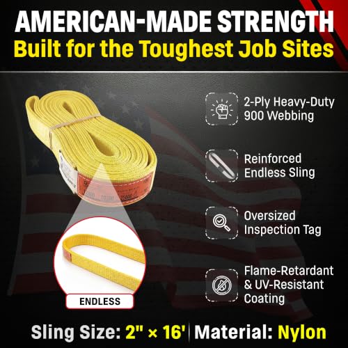 DD Sling 2" x 16' Nylon Endless Lifting Sling – USA Made | 12,800 lb Vertical, 10,200 lb Choker, 25,600 lb Basket – 2 Ply Heavy Duty 900 Webbing, Type 5 Endless Rigging Sling - size: 2"x16'