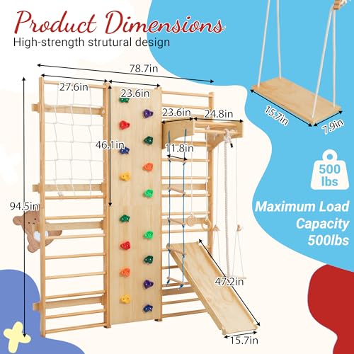 10-in-1 Swedish Ladder Indoor Jungle Gym for Kids Ages 3–12, 500 LBS Wooden Wall-Mounted Climbing Set with Slide, Swing, Rings, Monkey Bars – Montessori Play & Fitness Playground - size: 10-in-1