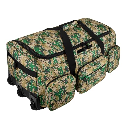 120L 3 Wheel Tactical Rolling Duffle Bag, Heavy Duty Military Deployment Luggage, 900D Waterproof Duffel for Camping Travel Outdoor Sports - color: Camo Green