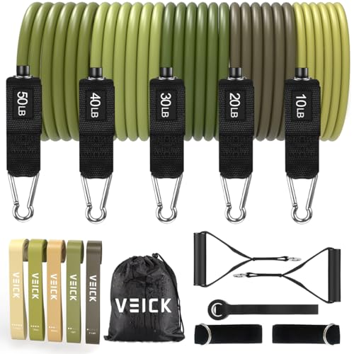 VEICK 10-150LBS Resistance Bands with Handles, Ankle Straps, Door Anchor | Accredited Lab Certified, 100% Natural Latex, Versatile for Yoga, Pilates, Strength, Home Gym - color: Army Green, style: 10-150LBS + 5 Loop Bands