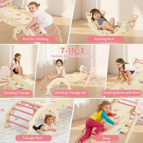 Takywep Pikler Triangle Set, 7-in-1 Foldable Pikler Triangle Climbing Toys Set with Arch & Ramp & Ladder, Indoor Playground Gym, Wooden Montessor Climbing Set for Kids Toddler - color: Pink-cat
