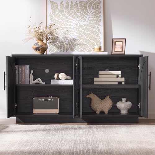 Fatmok Buffet Cabinet with Storage, 59'' Modern Arched Sideboard Cabinet w/Adjustable Shelves, Wood Media TV Console Table Credenza for Living Room Hallway Entryway, Black Grey - color: A-black Grey