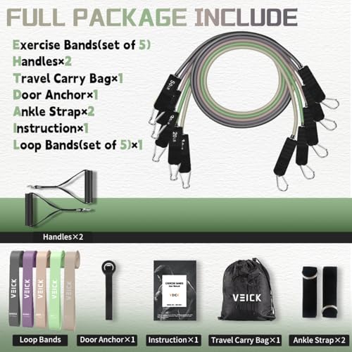VEICK 10-150LBS Resistance Bands with Handles, Ankle Straps, Door Anchor | Accredited Lab Certified, 100% Natural Latex, Versatile for Yoga, Pilates, Strength, Home Gym - color: Green Purple, style: 10-150LBS + 5 Loop Bands