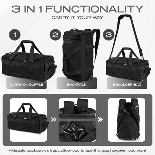 3-in-1 Duffle Bag Backpack with Shoe & Laptop Pocket, Cup Holder, Ventilated Gym & Travel Bag (Black/Silver) - color: Black/Silver