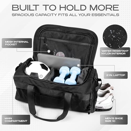3-in-1 Duffle Bag Backpack with Shoe & Laptop Pocket, Cup Holder, Ventilated Gym & Travel Bag (Black) - color: Black