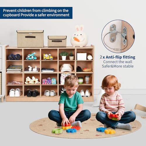 Garvee Mobile Storage Cabinet,Storage Block Cubby with 5 Anti-Flip Fittings, 4 Castors and 2 Boxes for Home, School, Kindergarten, Natural - size: 20 Cubbies