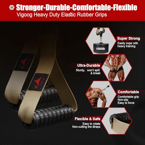 Heavy Duty Gym Exercise Handles Attachment for Cable Machine,Resistance Band,Pulley System Home Fitness Workout Equipment, with Elastic Rubber Grip and 2 Large Carabiners - color: Noble Khaki
