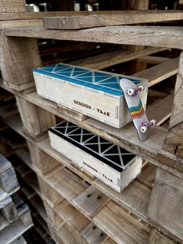 Teak Tuning x Session Wooden Fingerboard Ramp, Shred Ledge Grind Box, Baltic Birch Wood, Acrylic Mosaic in Teal and Cream, 9x3x2.25 Inches