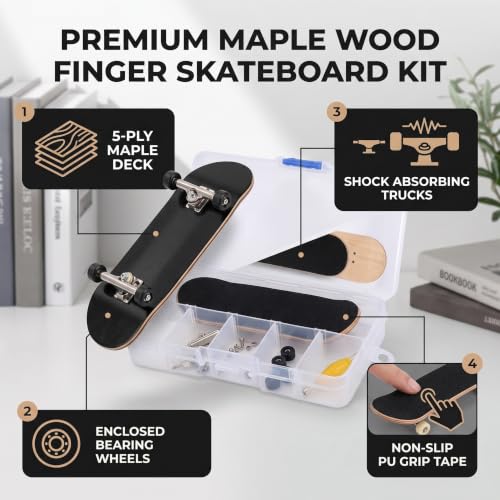 Finger Skateboard Fingerboard Gaming Set, 1Pc Solid Maple Wood Mini Fingerboard Ball Bearing Wheels, Professional Mini Skateboard Fingerboard with Storage Case, Finger Gaming Set