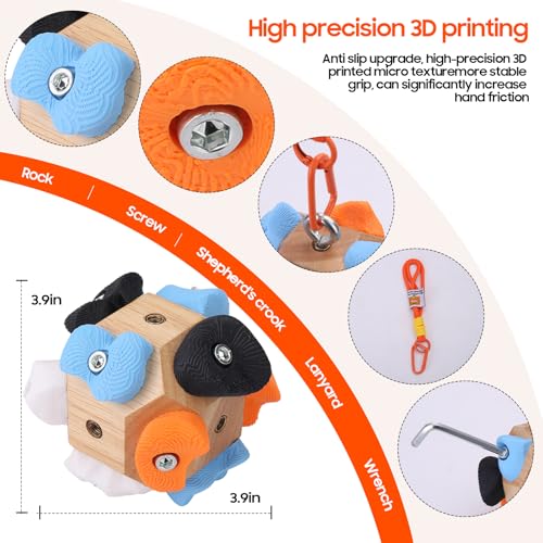 Boulder Block – 12 Solid Resin Climbing Holds on Wood Base, Portable Finger Strength Trainer for Bouldering, Climbing Grip Strengthener with Lanyard