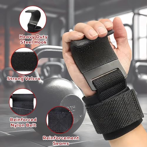 Weight Lifting Hooks (Pair) with Padded Wrist Straps – Heavy Duty Steel Grip Support for Deadlifts, Powerlifting, Bodybuilding & Pull-Ups – Gym Training Hooks for Men & Women