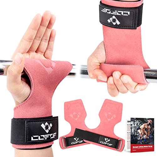 COFOF Weight Lifting Wrist Strap, Double Layer Leather Wrist Strap for Deadlift and Powerlifting, Adjustable Neoprene Padded Gym Workout Lifting Hooks (Pair) - color: Pink
