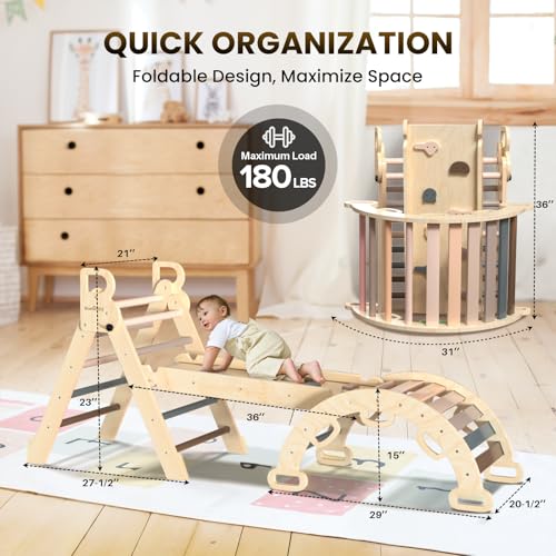 BlueWood Pikler Triangle Set with Safe Handle, Climbing Toys for 1-3 Year | Foldable 7-in-1 Montessori Toddler Climbing Toys Indoor, Wooden Pickler Climbing Set, Baby Jungle Gym & Playground, Pink - color: Mauve Pink
