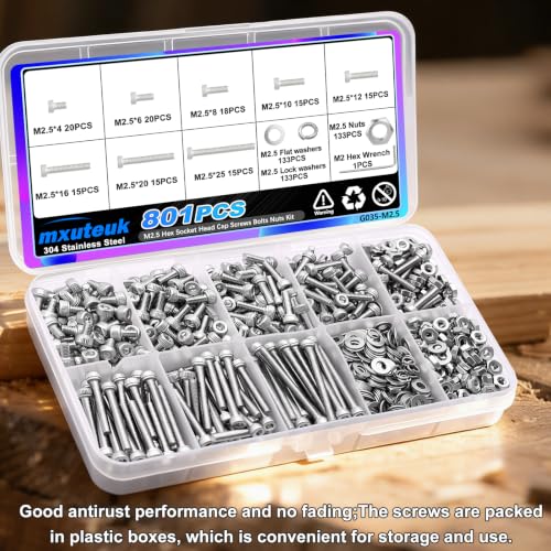 mxuteuk 801PCS M2.5 Screws Assortment Set,M2.5 x 4/6/8/10/12/16/20/25mm M2.5bolts，304 Stainless Steel Hex Socket Head Bolts Nuts Washers Set Suitable for 3D Printer,DIY - size: SS 801PCS M2.5, style: Hex Socket Head