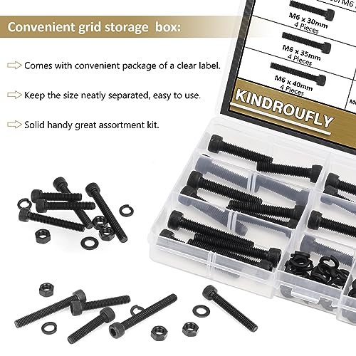 82 Pieces Black M6 x 30/35 /40/45 /50 mm Hex Socket Head Cap Screws Nuts Washers Assortment Kit, 12.9 Grade Alloy Steel - size: M6 x 30/35/40/45/50mm, style: Socket Head