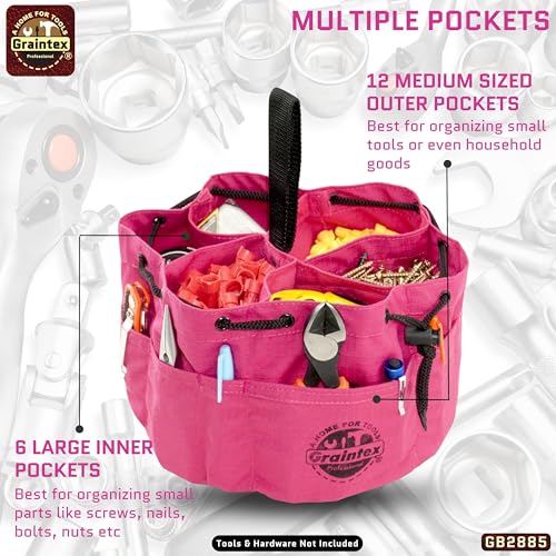 Graintex 18 Pockets Grab Bag Rip-stop Canvas Drawstring Closure, Small Part Organizer Pouch, Small Tools, Screws, Parts, Parachute Tool Bag for Efficient Storage - Pink - color: Pink