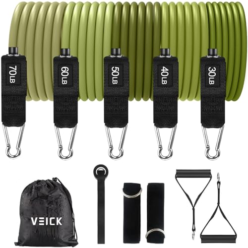 VEICK 10-150LBS Resistance Bands with Handles, Ankle Straps, Door Anchor | Accredited Lab Certified, 100% Natural Latex, Versatile for Yoga, Pilates, Strength, Home Gym - color: Army Green, style: 30-250LBS