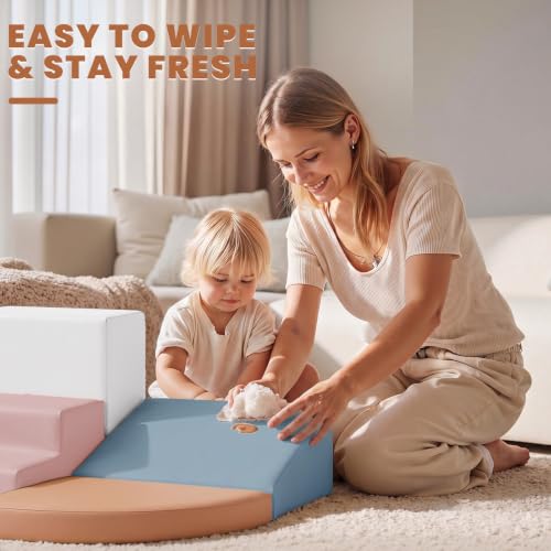 Hoohtoot Soft Foam Climbing Blocks for Toddlers: 6-Piece Macaron Color Play Set - Indoor PU Leather Climbing Toys - Baby Crawling and Activity Gym - style: Ivory/Pink