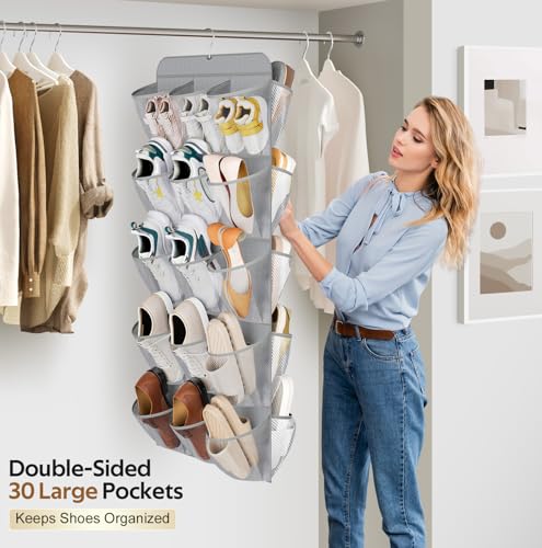 MISSLO 30 Large Pockets Dual Sided Hanging Shoe Organizer for Closet with Rotating Hanger Hanging Shoe Shelves, Grey - color: Grey