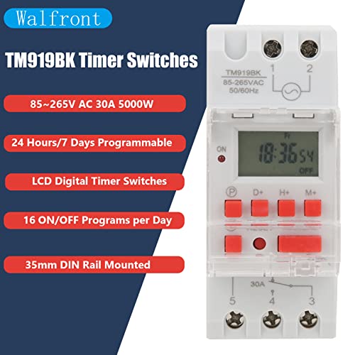 AC 85-265V 30A Timer Switches TM919BK Digital Timer 24Hours 7Days Programmable Countdown LCD Display 16 On/Off Settings 35mm DIN Rail