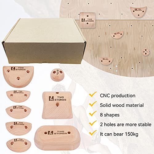 TWO STONES Wooden Rock Climbing Holds Kids and Adults | Wood Rock Wall Climbing Holds Kids and Gyms | Variety Screw On Climbing Hand Holds Set with Mounting Hardware
