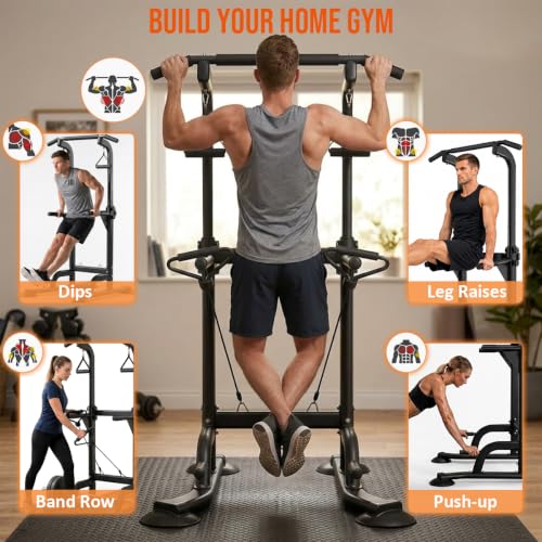 Power Tower Pull Up & Dip Station Multi-Function Home Strength Training Fitness Workout Station Height Adjustable - color: Black