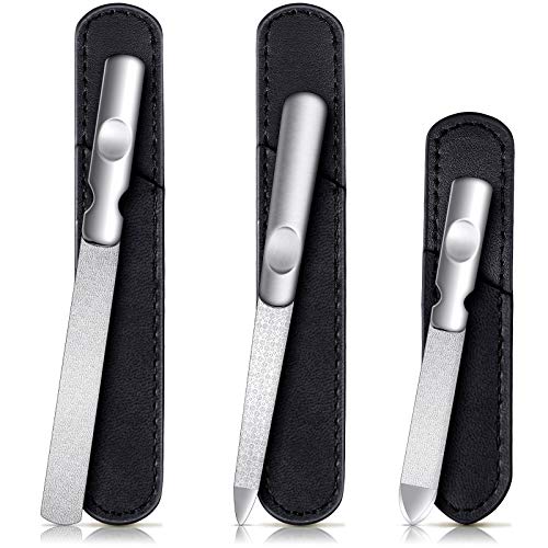 3 Pcs Stainless Steel Nail Files Kit with Leather Case, Double Sided Metal Nail Files with Anti-Slip Handle for Women and Men, Metal File Buffer Manicure Pedicure Tools for Fingernail Toenail(Black) - color: Black