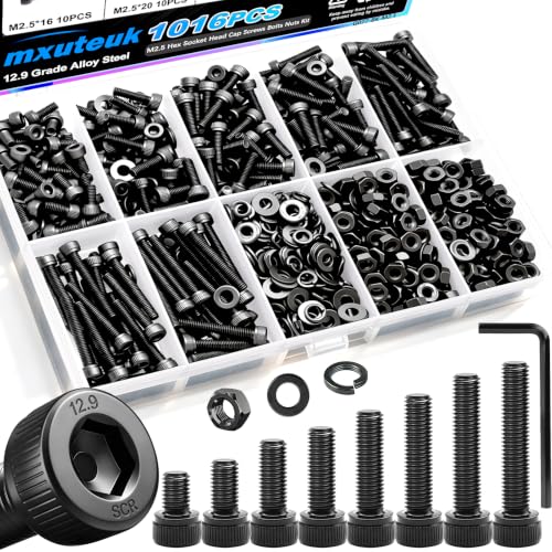 mxuteuk 1016PCS M2.5 Screws Kits,M2.5×4/6/8/10/12/16/20/25mm M2.5 Bolts,12.9 Alloy Steel M2.5 Hex Socket Head Bolts Nuts Washers Set Suitable for 3D Printer,DIY - size: 1016PCS M2.5, style: Hex Socket Head