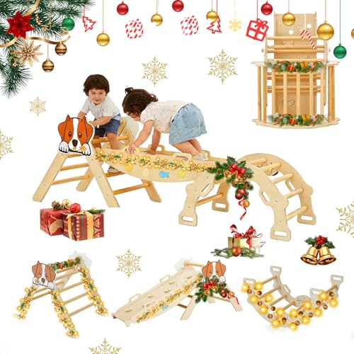 Takywep Pikler Triangle Set, 7-in-1 Foldable Pikler Triangle Climbing Toys Set with Arch & Ramp & Ladder, Indoor Playground Gym, Wooden Montessor Climbing Set for Kids Toddler - color: Brown-dog