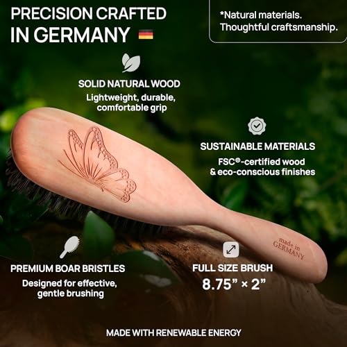 100% Pure Calcutta Boar Bristle Hairbrush for Natural Healthy Hair, Stiff Bristle, Made in Germany's Black Forest - size: Calcutta