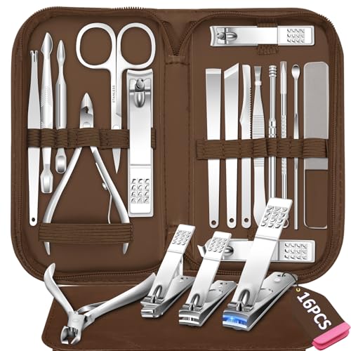 Manicure Set 16 In 1 Professional Stainless Steel Pedicure Kit Toenail Clippers Set Mens Grooming Kit Fingernail Kit for Women with Luxurious Travel Bag, Suitable for Home, Travel, and Salon (Brown) - color: 16Pcs-Brown