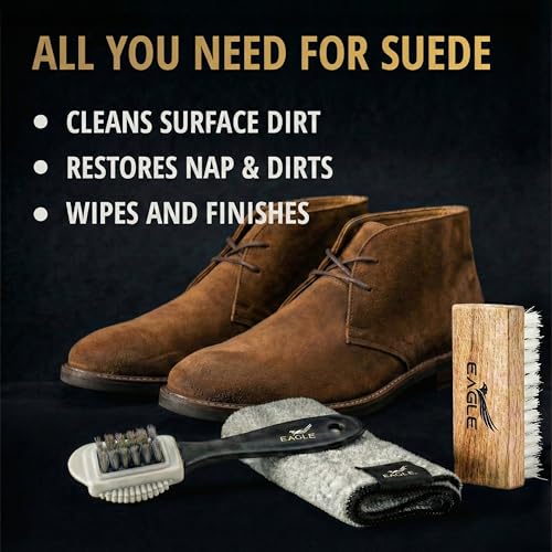 Eagle Suede & Nubuck Cleaning Kit – 5-Piece Set with Foam Suede Cleaner & Protector Spray, 3-Way Brush, Scrub Brush & Cloth – Suede Care Kit for Shoes & Boots- Compatible with Ugg Boots