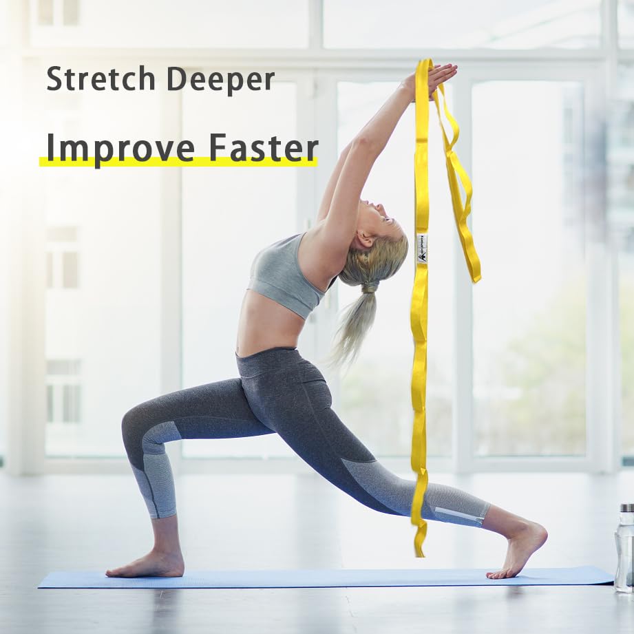 Stretching Strap Yoga Strap with Loops, Stretch Straps for Physical Therapy, Non-Elastic Exercise Strap for Pilates, Dance and Gymnastics with Workout Guide - color: Yellow