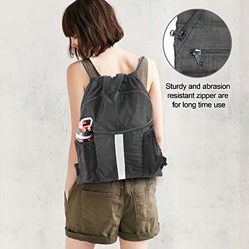 BeeGreen Drawstring Backpack Bag with Shoe Compartment, X-Large Black Gym Sports String Cinch Backpack - color: Mix Black