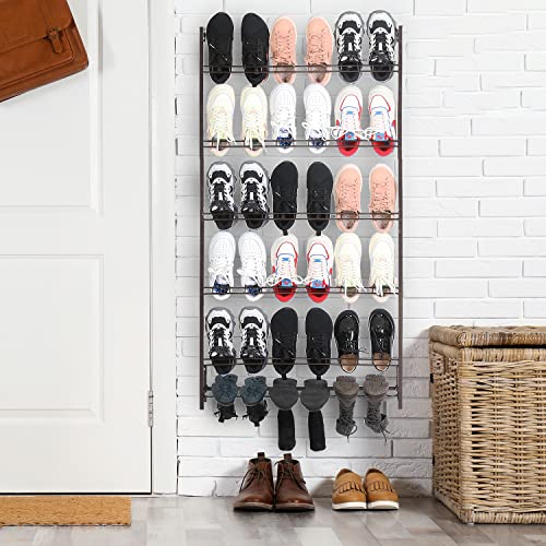 MyGift 5-Tier Wall Mounted Dark Brown Metal 18 Pair Boot and Shoe Storage Rack Organizer Stand - color: Brown (5 Tier, 18 Pairs)